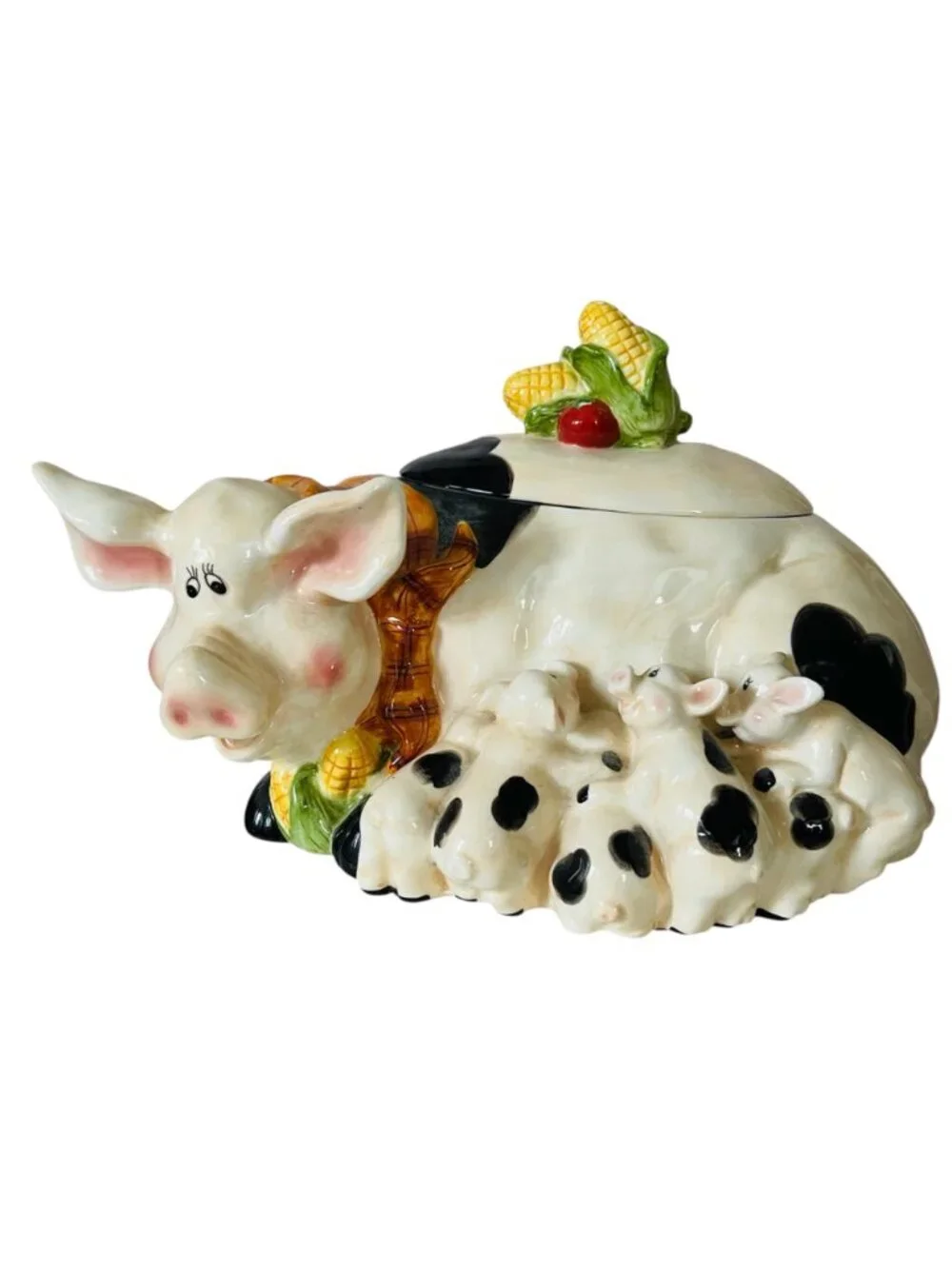 Vintage Whimsical Mother Pig and Nursing Piglets Cookie Jar Farm Harvest Theme